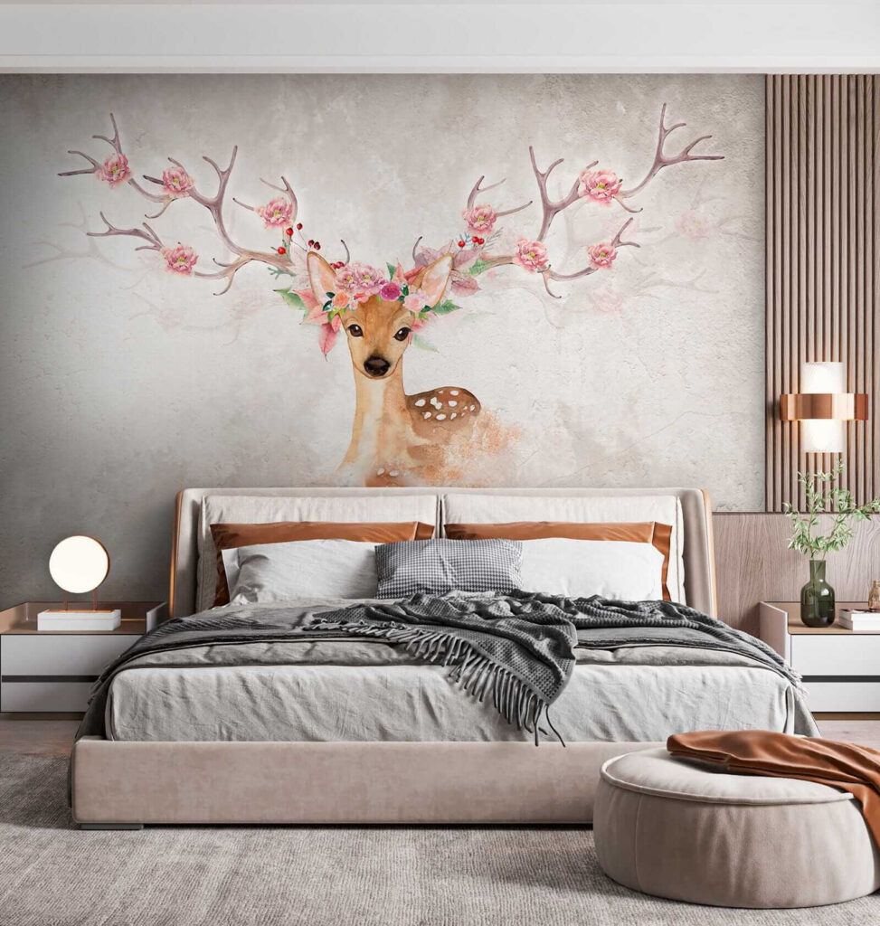 Watercolor of a deer with flowers on horns