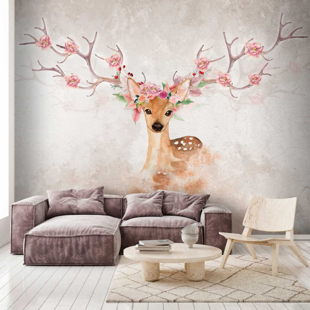 Watercolor of a deer with flowers on horns