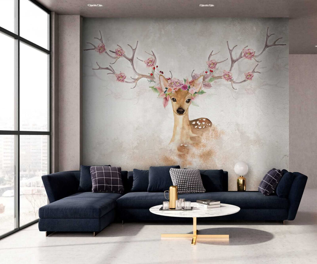 Watercolor of a deer with flowers on horns