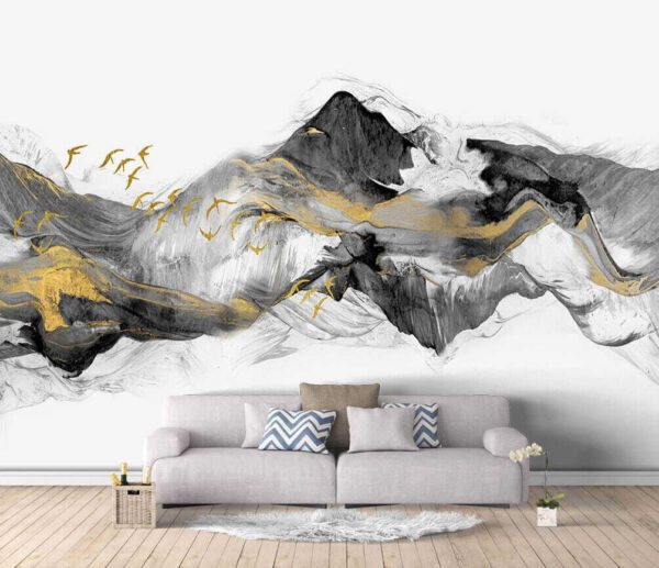 Pintura de montañas con pájaros volando Pintura de montañas con pájaros volando