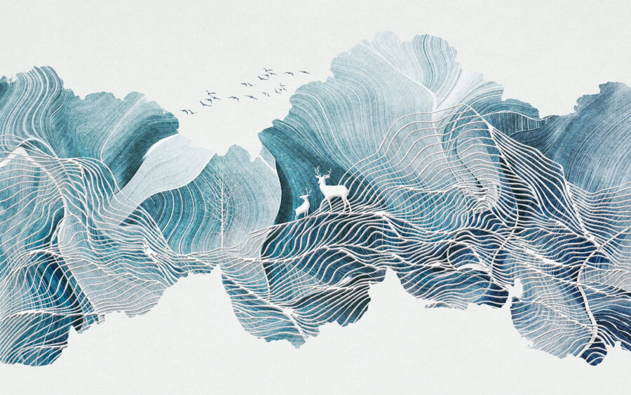 Dibujo de un paisaje con pájaros