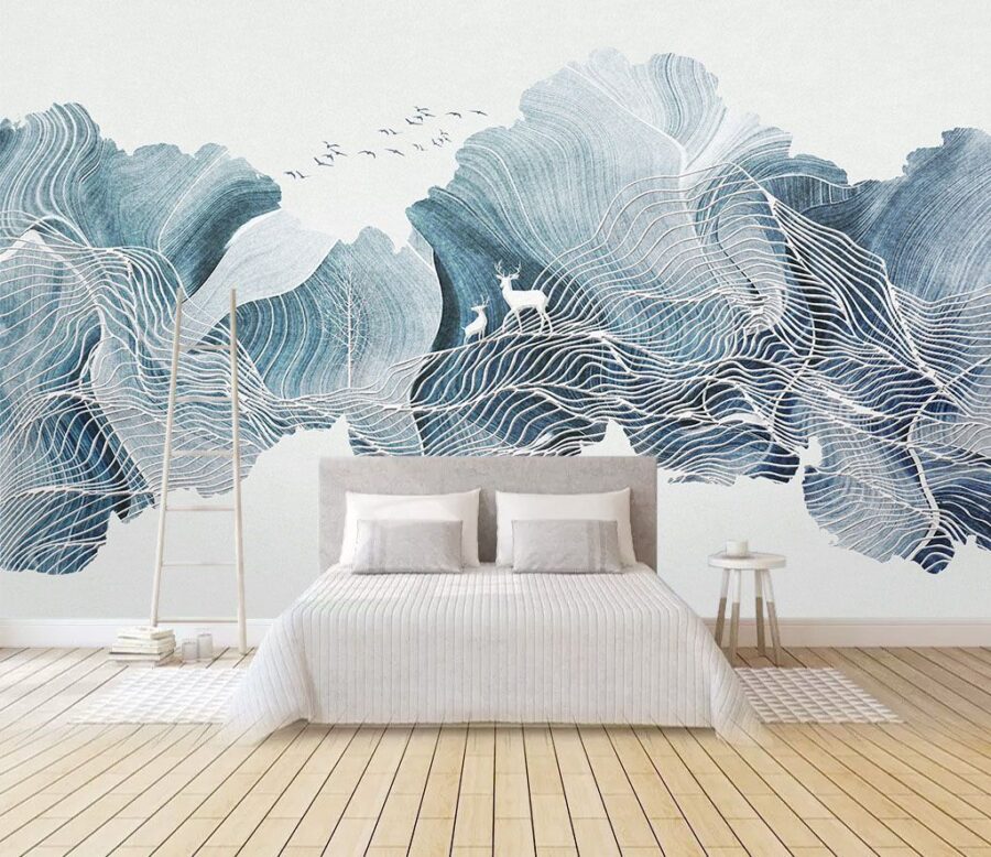 Dibujo de un paisaje con pájaros