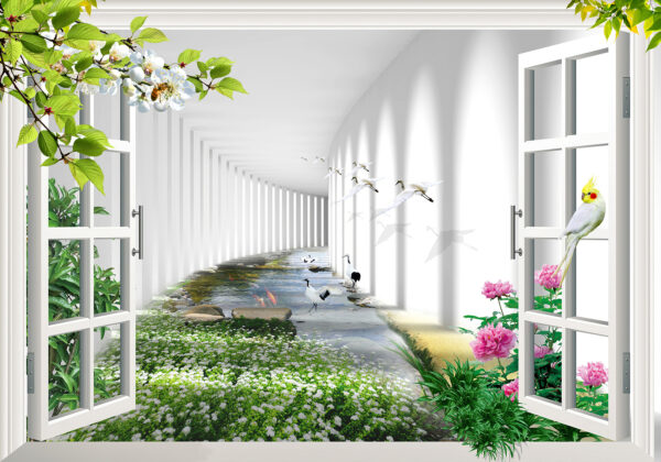 Ventana con vistas a un estanque y flores Ventana con vistas a un estanque y flores