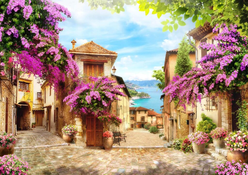 Calle con flores y árboles Calle con flores y árboles