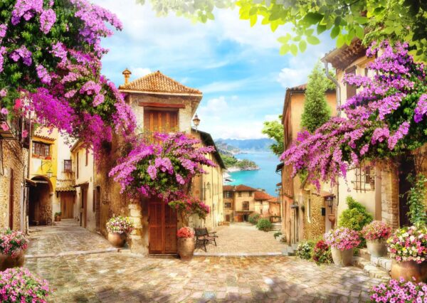 Calle con flores y árboles Calle con flores y árboles