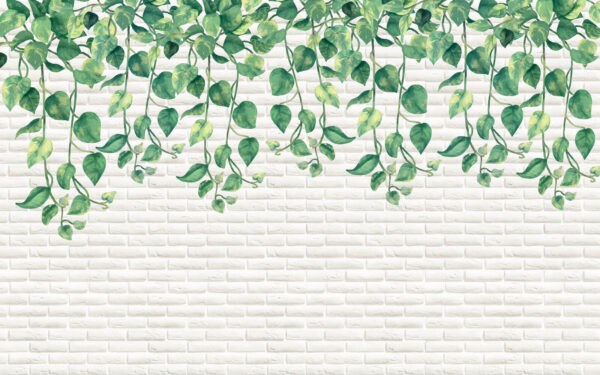 Pared de ladrillo blanco con hojas verdes Pared de ladrillo blanco con hojas verdes
