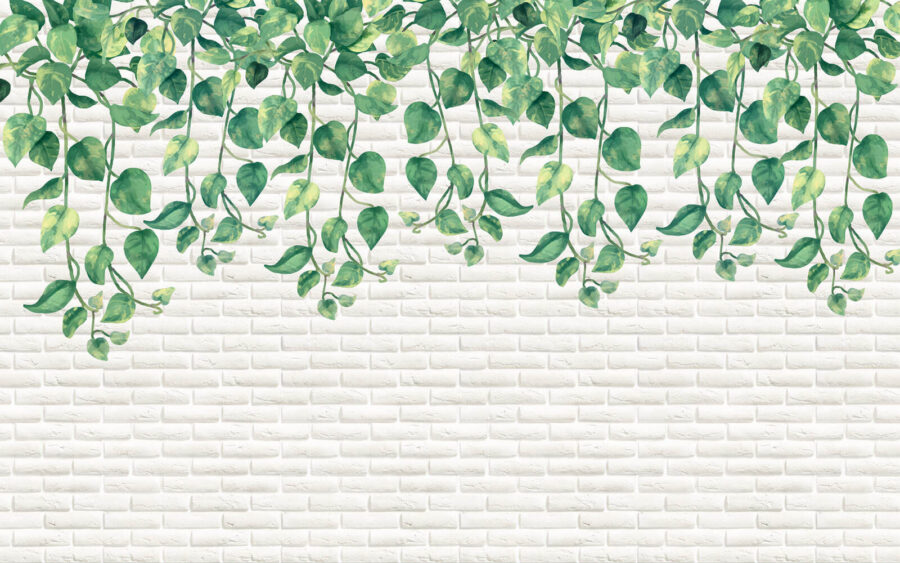 Pared de ladrillo blanco con hojas verdes