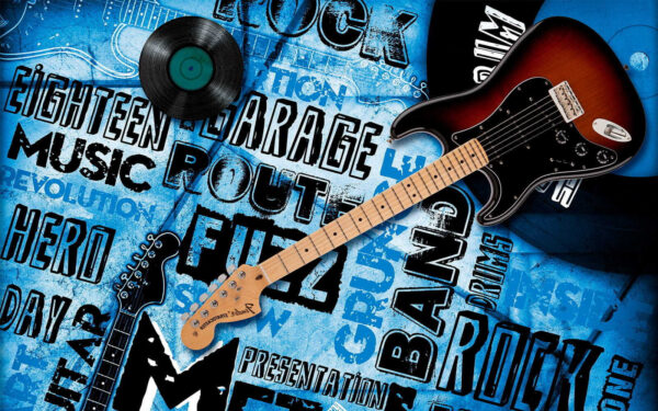 Guitarra y disco sobre fondo azul Guitarra y disco sobre fondo azul