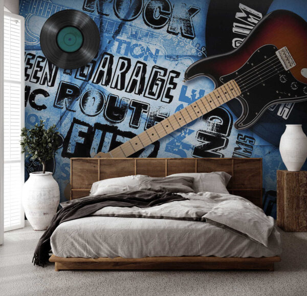 Guitarra y disco sobre fondo azul Guitarra y disco sobre fondo azul