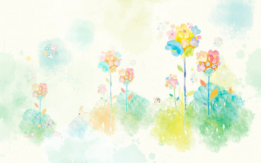 Acuarela de flores y conejos