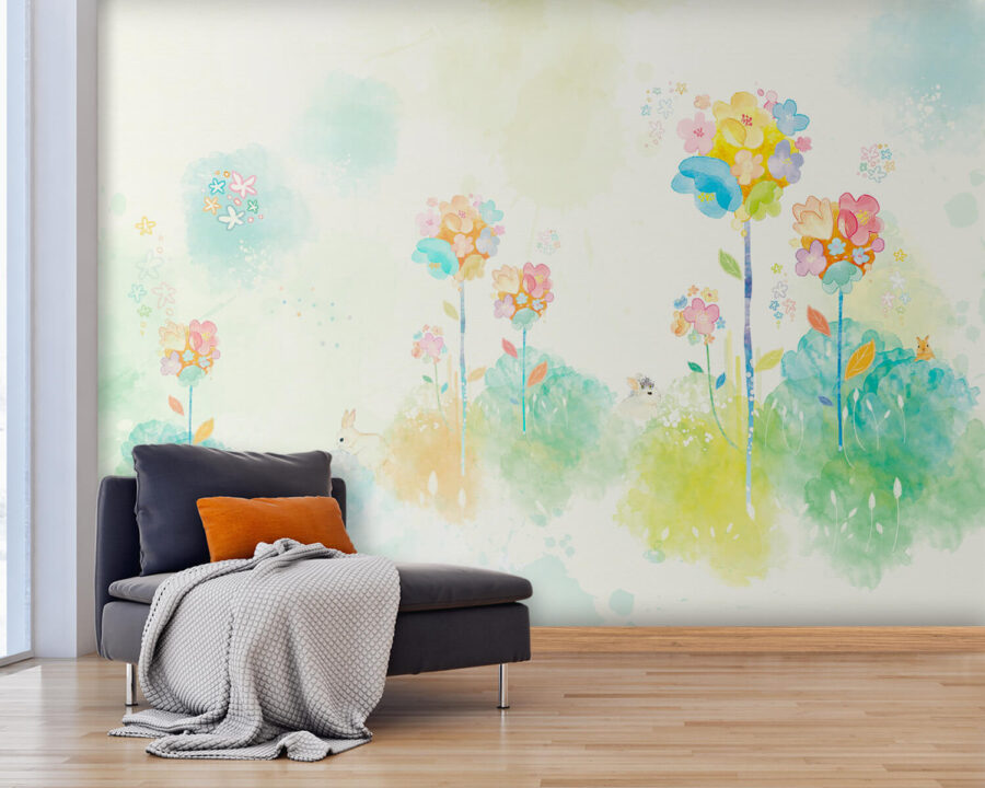 Acuarela de flores y conejos