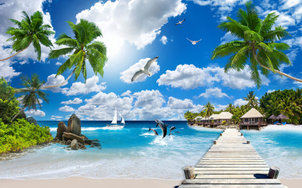 Muelle de madera con palmeras y playa con barcas y delfines Muelle de madera con palmeras y playa con barcas y delfines