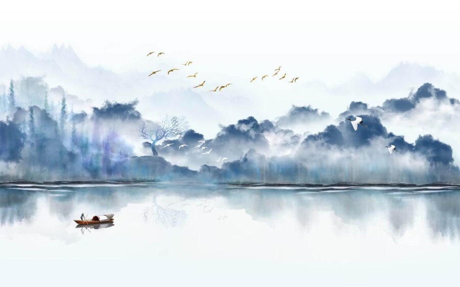 Pintura de un barco en el agua con pájaros volando en el cielo