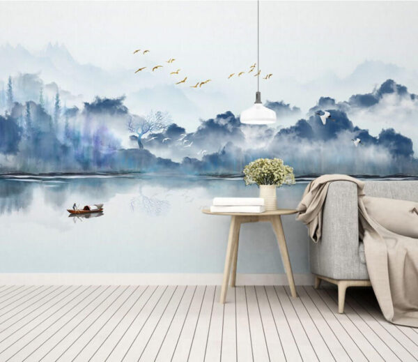 Pintura de un barco en el agua con pájaros volando en el cielo Pintura de un barco en el agua con pájaros volando en el cielo