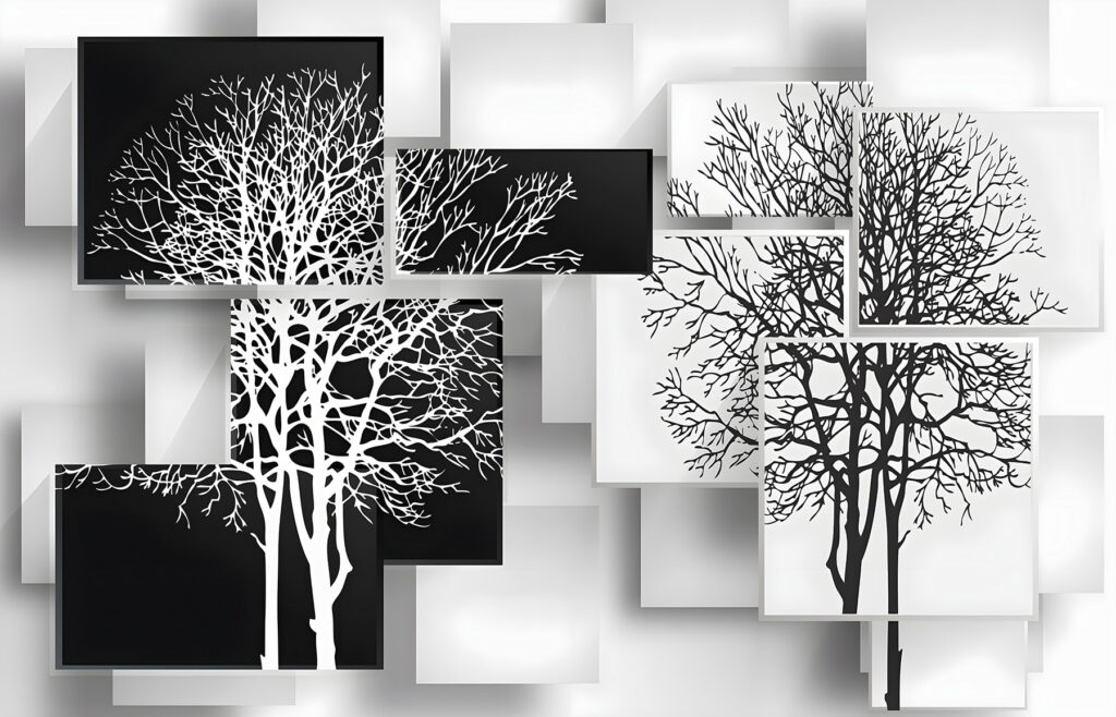 Grupo de cuadrados blancos y negros con árboles Grupo de cuadrados blancos y negros con árboles
