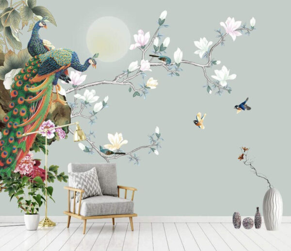 Fotomurales Fotomurales Pájaro en una rama con flores y pájaros (SKU: u09915)