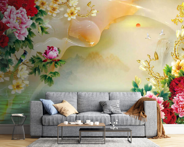 Fotomurales Fotomurales Pintura de flores y cisnes (SKU: u11643)