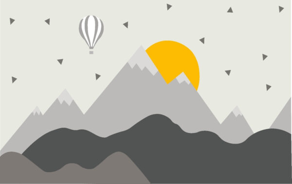 Paisaje de montaña con un globo aerostático y un sol Paisaje de montaña con un globo aerostático y un sol