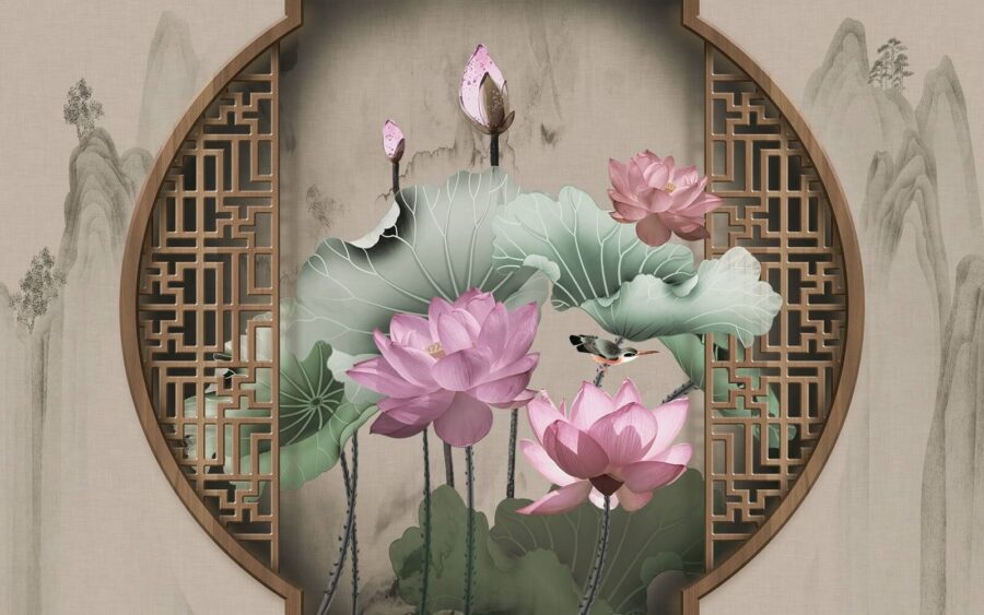 Papel pintado con flores y hojas rosas