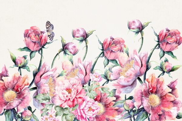Pintura en acuarela de flores y una mariposa Pintura en acuarela de flores y una mariposa