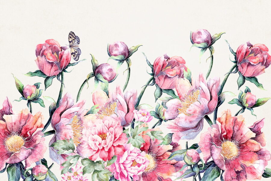 Pintura en acuarela de flores y una mariposa