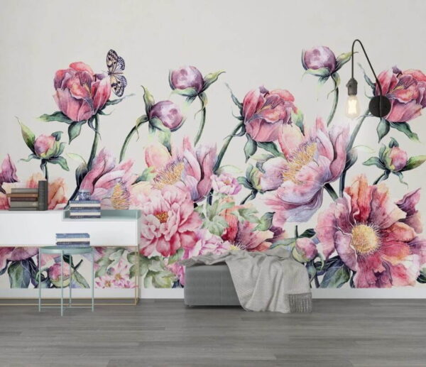 Pintura en acuarela de flores y una mariposa Pintura en acuarela de flores y una mariposa