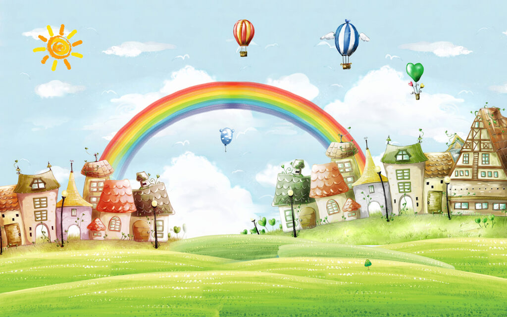 Paisaje de dibujos animados con un arco iris y casas Paisaje de dibujos animados con un arco iris y casas
