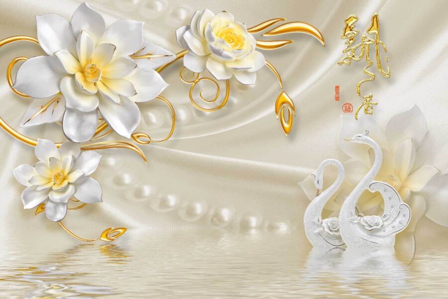 Papel pintado con cisnes y flores
