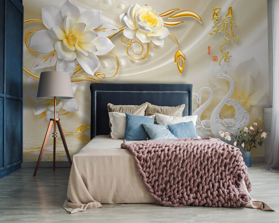 Papel pintado con cisnes y flores