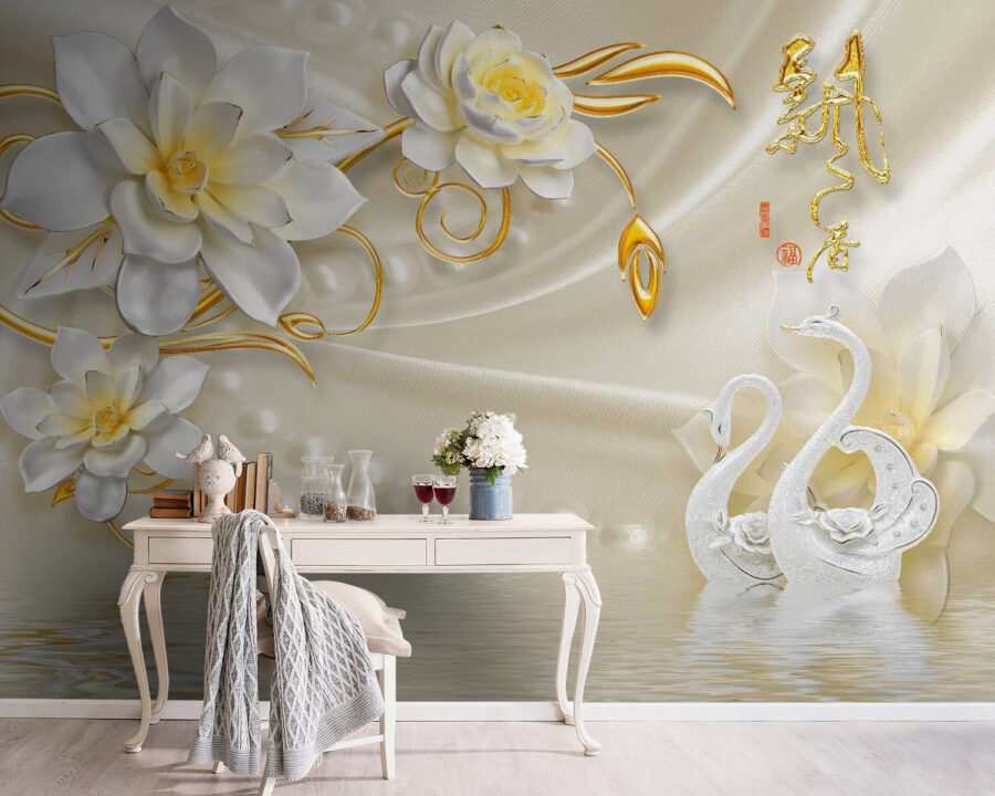 Papel pintado con cisnes y flores