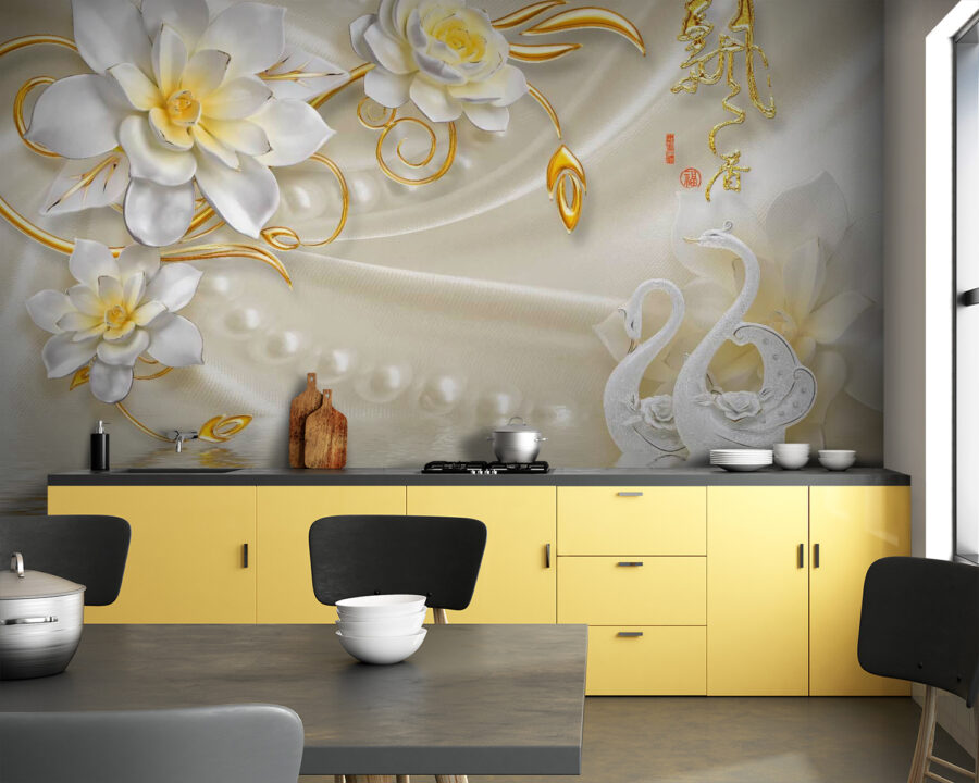 Papel pintado con cisnes y flores