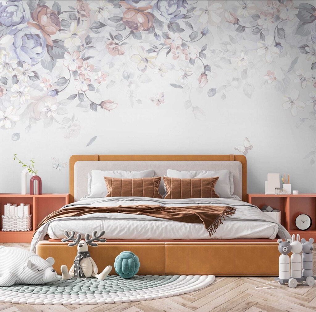 White background with flowers and butterflies