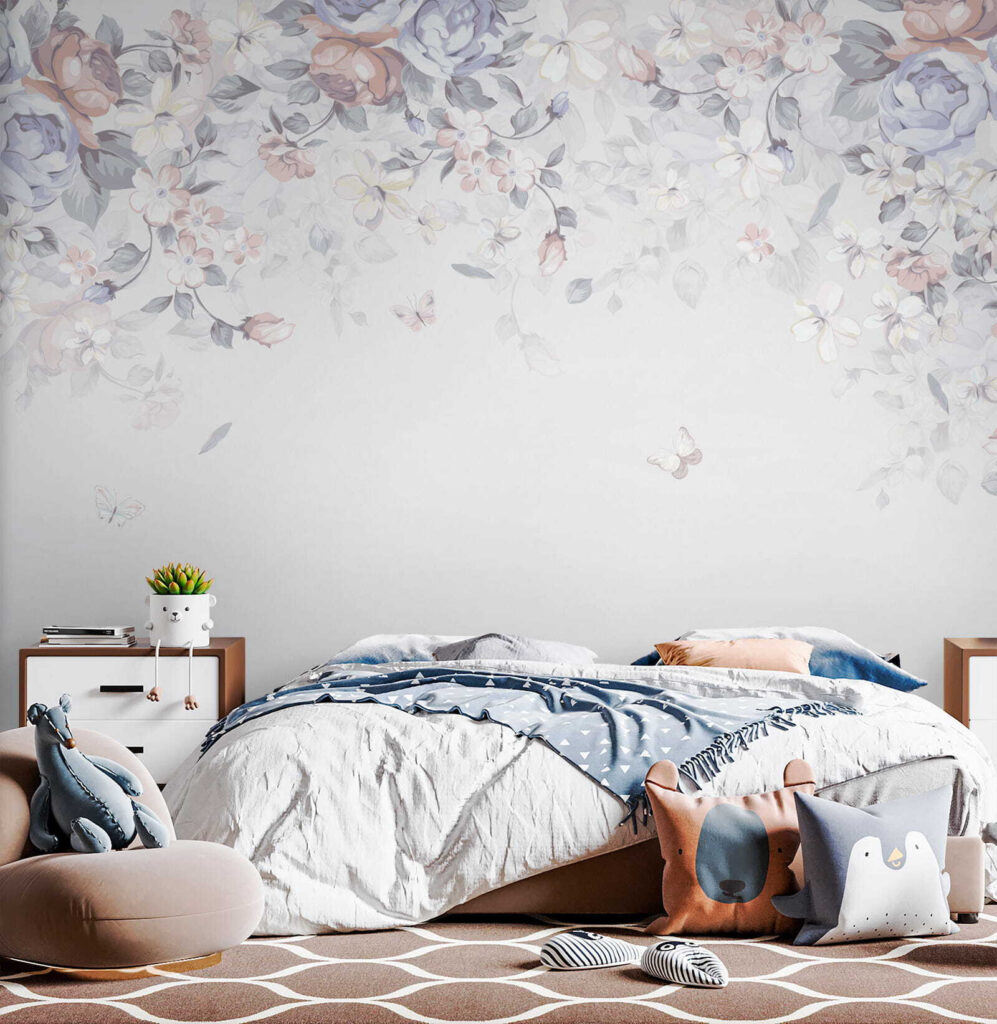 White background with flowers and butterflies