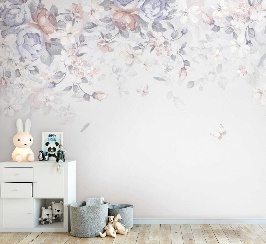 White background with flowers and butterflies