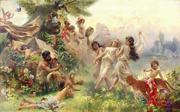 Pintura de personas bailando en un bosque Pintura de personas bailando en un bosque