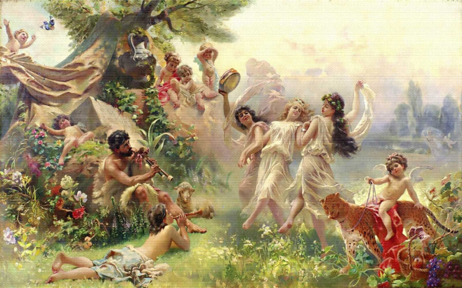 Pintura de personas bailando en un bosque