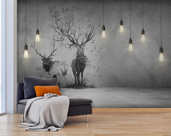Pared con un dibujo de dos ciervos y árboles Pared con un dibujo de dos ciervos y árboles
