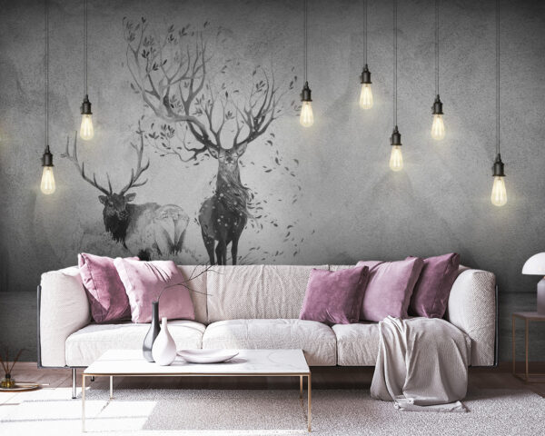 Pared con un dibujo de dos ciervos y árboles Pared con un dibujo de dos ciervos y árboles