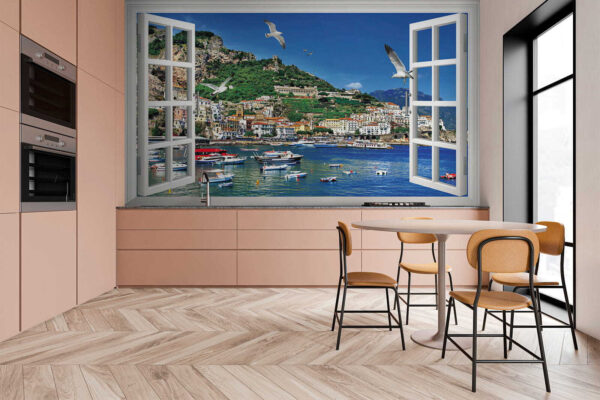Ventana con vistas a una ciudad y a barcos Ventana con vistas a una ciudad y a barcos
