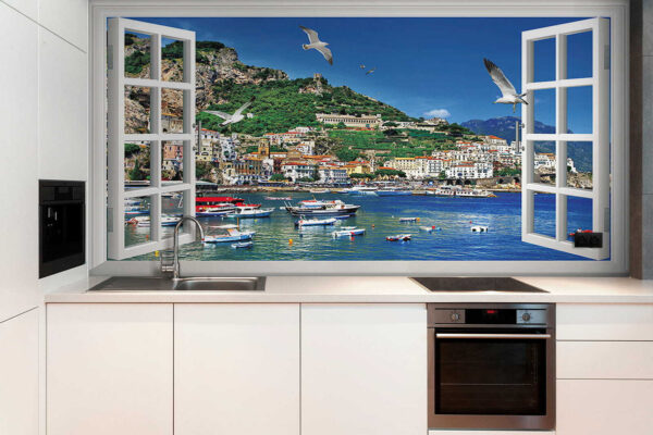 Ventana con vistas a una ciudad y a barcos Ventana con vistas a una ciudad y a barcos