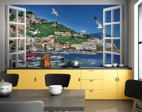 Ventana con vistas a una ciudad y a barcos Ventana con vistas a una ciudad y a barcos