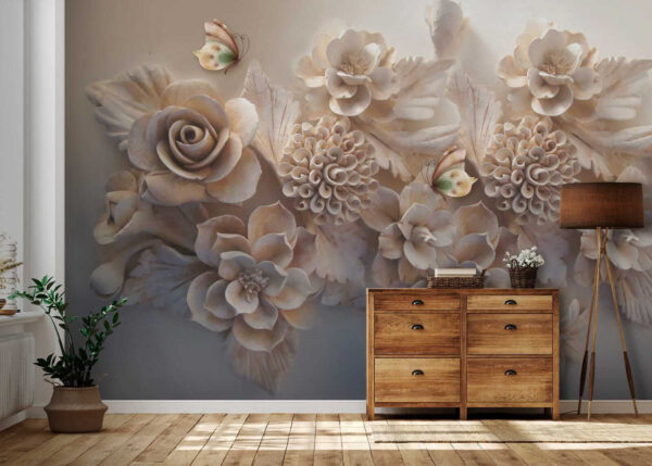 Grupo de flores blancas y mariposas Grupo de flores blancas y mariposas