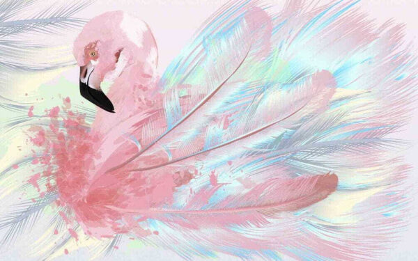 Flamenco rosa con plumas blancas y azules Flamenco rosa con plumas blancas y azules