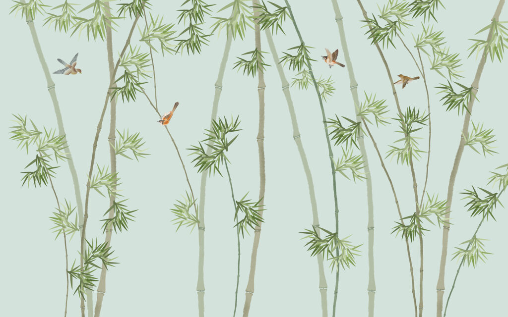 Papel pintado con ramas de bambú y pájaros Papel pintado con ramas de bambú y pájaros