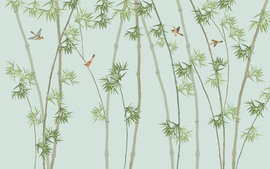 Papel pintado con ramas de bambú y pájaros