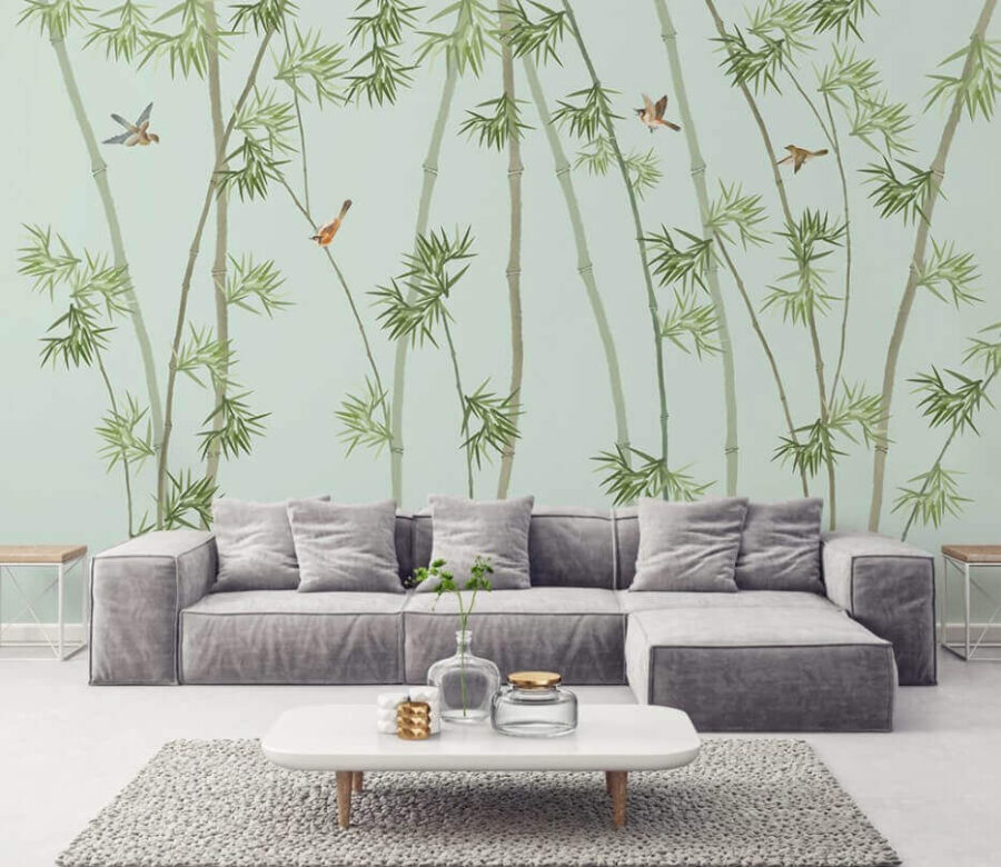 Papel pintado con ramas de bambú y pájaros