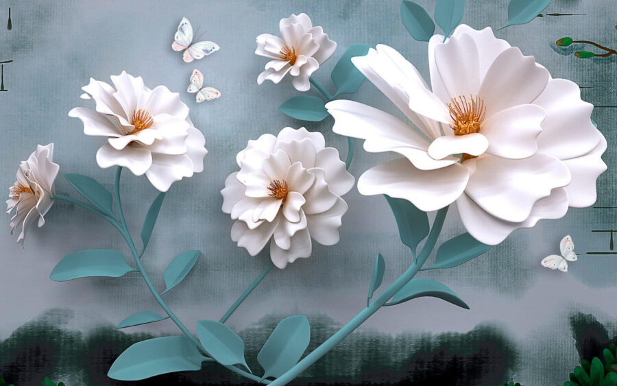 Flores blancas con mariposas