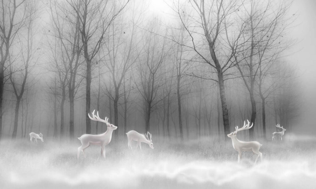 Grupo de ciervos blancos en un bosque con niebla Grupo de ciervos blancos en un bosque con niebla