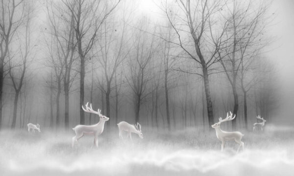 Grupo de ciervos blancos en un bosque con niebla Grupo de ciervos blancos en un bosque con niebla