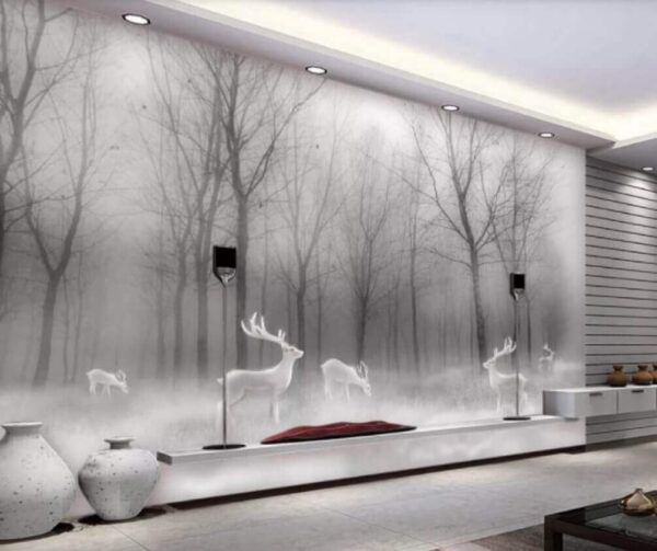 Grupo de ciervos blancos en un bosque con niebla Grupo de ciervos blancos en un bosque con niebla